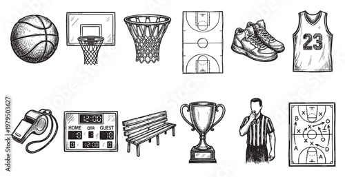 A hand-drawn collection of basketball elements including a ball, hoop, court, shoes, jersey, whistle, scoreboard, bench, trophy, referee, and play diagram.
