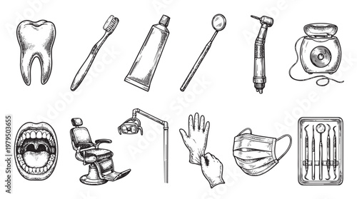 A collection of vintage-style hand-drawn illustrations depicting dental hygiene products and professional dental instruments, perfect for medical or health-related concepts.