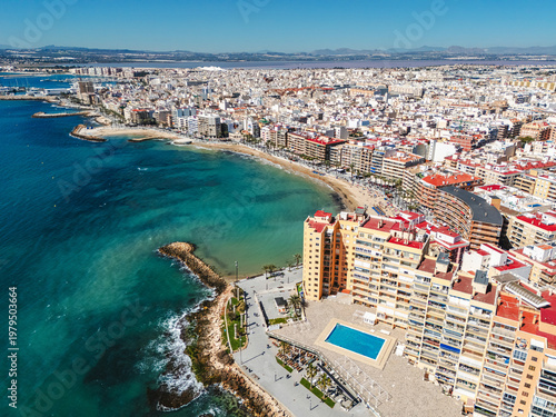 Aerial view Torrevieja beach. Costa Blanca, Alicante province, Spain