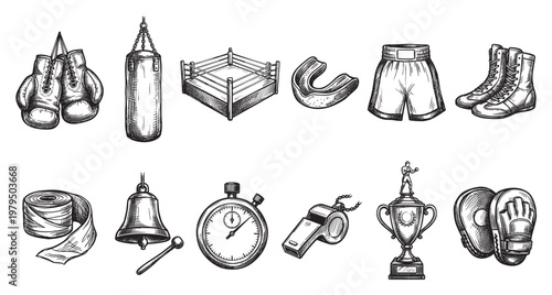 A hand-drawn sketch features a collection of boxing equipment including gloves, a punching bag, ring, shorts, boots, mouthguard, tape, bell, stopwatch, whistle, and trophy.
