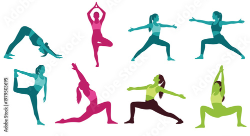 Yoga silhouette collection featuring 8 female figures in various poses. Colorful yoga exercise vector set with women practicing pilates and fitness stretches.