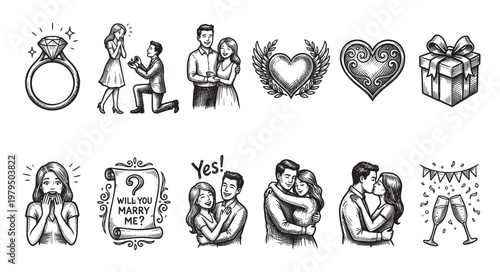 A collection of hand-drawn black and white icons representing love, marriage proposals, engagement, and wedding celebrations, suitable for various design projects.