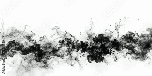 Black ink swirling in water creating a horizontal cloud of dark smoke and wispy plumes against a solid white background