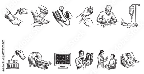 A hand drawn collage of medical procedures and healthcare scenes, including injections, bandaging, blood pressure, surgery, IV drip, lab work, MRI, EKG, doctors examining X-rays and patients.