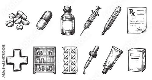 A hand-drawn collection of medical items including pills, a capsule, a bottle, syringe, thermometer, prescription, cross, cabinet, blister pack, dropper, tube, and box.