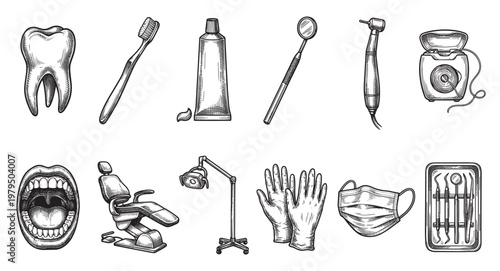 This black and white illustration depicts a collection of dental hygiene items and professional dental tools, including a tooth, toothbrush, toothpaste, dental chair, and instruments.