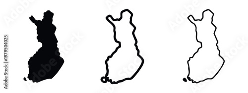 Finland map silhouettes, filled and outlined, on white background