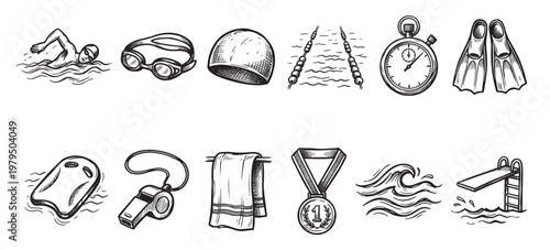 A collection of hand-drawn black and white illustrations of swimming equipment and elements, ideal for sports and aquatic themes.
