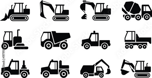 construction, vehicle, icons, set, excavator, bulldozer, dump, truck, concrete, mixer, crane, machinery, industrial, equipment, transport, engineering, cad, drawing, flat, vector