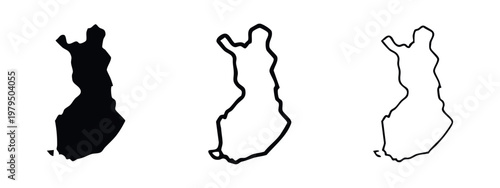 Finland map silhouettes, filled and outlined, on white background