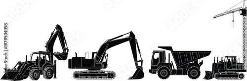 Silhouette set of heavy construction machinery including backhoe loader, excavator, dump truck, bulldozer, and crane, cad drawing flat vector illustration.