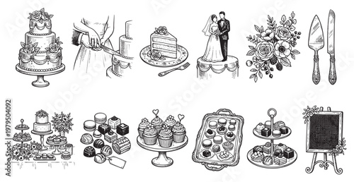This vintage ink illustration showcases a variety of wedding desserts including cakes, cupcakes, chocolates, and macarons, along with floral decorations, a cake cutting set.