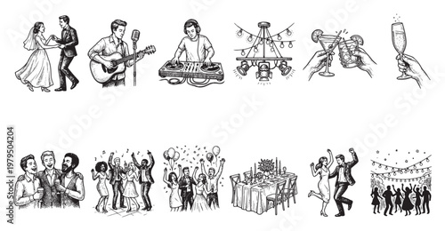 A collection of hand-drawn illustrations depicting various celebratory scenes like weddings, live music, DJ sets, and dancing with drinks.
