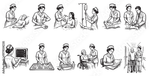 Vintage line art illustration depicts nurses attending to patients, showing diverse care activities from bedside assistance to rehabilitation, evoking a sense of historical medical practice.
