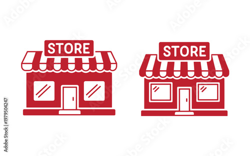 Red storefront with striped awnings, two variations building white