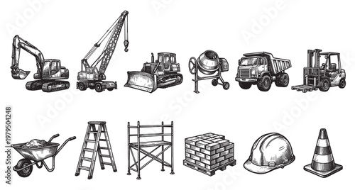 A vintage black and white sketch of various construction equipment and tools, offering a retro artistic appeal for industry-related projects.