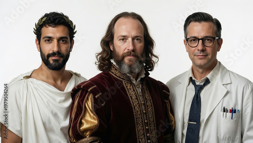 Three men stand side by side in historical costumes.   ancient Rome.  rich robe with long hair,  lab coat, representing scientist, white background
