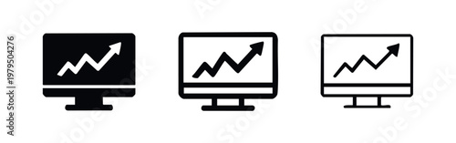 Computer monitor with growing graph icon set, for finance or success