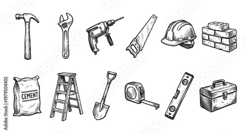 Hand drawn black and white sketch of various construction tools and materials including a hammer, wrench, drill, saw, helmet, bricks, cement bag, ladder, shovel, tape measure, level, and toolbox.