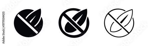 Three stylized icons representing 'no leaf' or 'no plant' symbols, in solid black, outlined black, and line art.