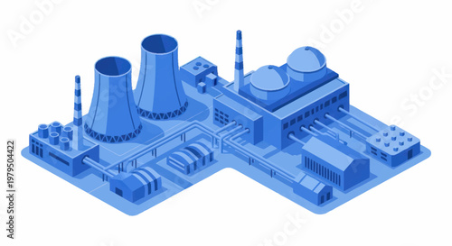 Blue Isometric Industrial Power Plant Facility.