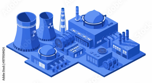 Modern Nuclear Power Plant with Cooling Towers and Reactors.