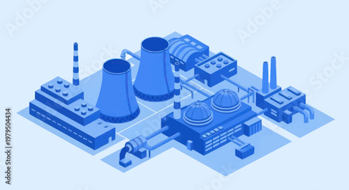 Industrial power plant complex with cooling towers and smokestacks.