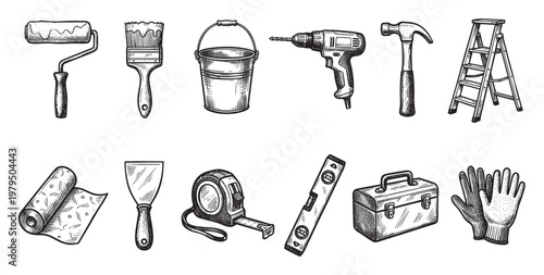 A vintage style illustration features a collection of renovation and DIY tools, including a paint roller, brush, bucket, drill, hammer, ladder, wallpaper, putty knife, tape measure, level, toolbox.