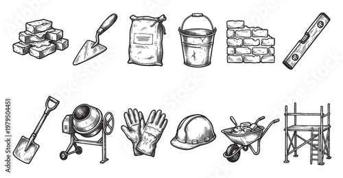 This black and white illustration features a collection of construction tools and materials, including bricks, trowels, cement bag, bucket, broken wall, level, shovel, concrete mixer, gloves, hard hat