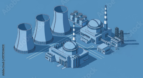 Nuclear Power Plant Facility with Cooling Towers and Buildings.