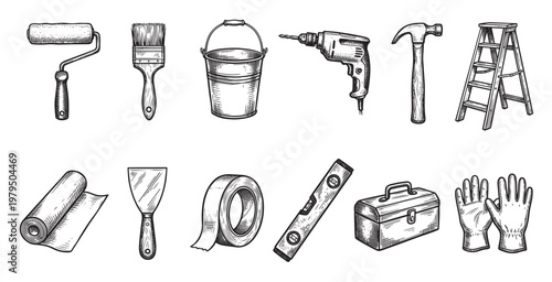 A hand-drawn collection of essential home renovation and DIY tools, including a paint roller, brush, bucket, drill, hammer, ladder, tarp, spatula, tape, level, toolbox, and gloves.