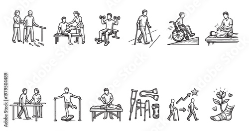 A hand-drawn collection of illustrations depicting various physical therapy exercises and rehabilitation scenarios, including assistance with walking, strength training, and recovery.