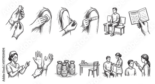 This hand-drawn illustration depicts various stages of a medical vaccination procedure, from preparing the syringe to administering the shot and checking temperature.