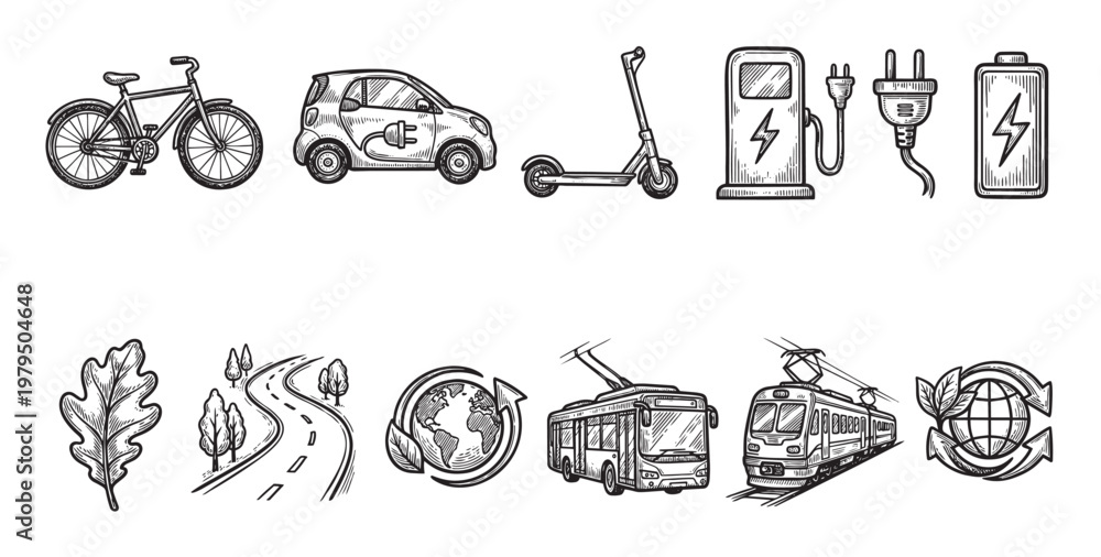 Fototapeta premium This black and white sketch collection features icons of eco-friendly transportation, including a bicycle, electric car, scooter, bus, and train, alongside energy symbols like a charging station,plug.