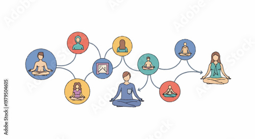 Diverse people meditating in a connected network.