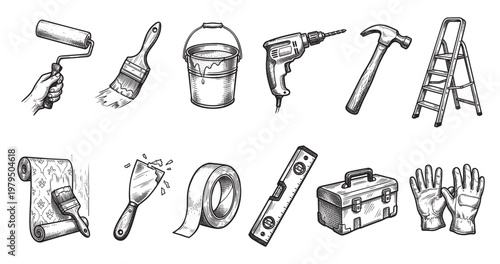 A hand-drawn black and white illustration featuring a collection of tools for home improvement and construction, including a paint roller, brush, drill, hammer, ladder, and safety gear.