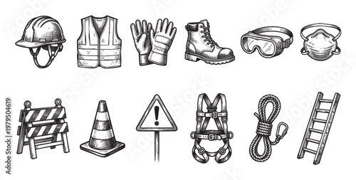 This hand-drawn illustration features a collection of safety gear for construction and industrial work, including a hard hat, vest, gloves, boot, and more, in a clean, graphic style.
