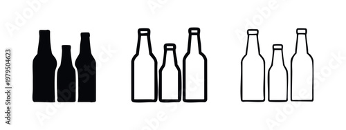 Three beer bottles of varying sizes, in solid black, outlined black, and line art.