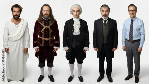 Three men stand side by side in historical costumes.   ancient Rome.  rich robe with long hair,  lab coat, representing scientist, white background