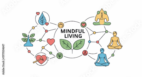 Mindful Living Concept with Yoga Poses and Symbols.