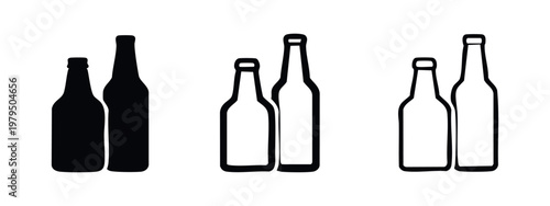 Two beer bottles of varying sizes, in solid black, outlined black, and line art.