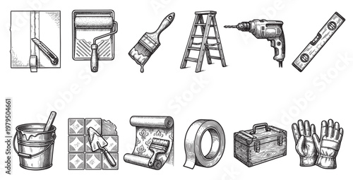 A collection of vintage-style illustrations depicts various tools and materials for home improvement projects, including painting and tiling supplies.