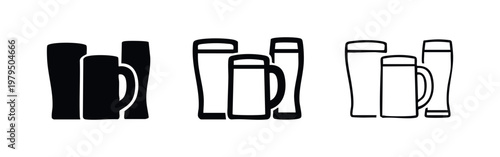 Three beer mugs and glasses of varying sizes, in solid black, outlined black, and line art.