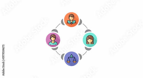 Diverse group of people connected in a network diagram.
