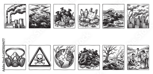 This woodcut style illustration collection depicts various environmental issues like pollution from factories and cities, water contamination, and excessive waste, alongside scenes of cleanup efforts.