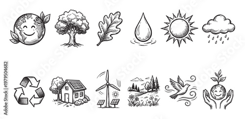 A charming collection of black and white doodle illustrations featuring a happy Earth, trees, leaves, water droplet, sun, rain cloud, recycling symbol, house, wind turbine, landscape, bird.