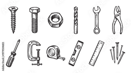 A sketch illustration of various hand tools and fasteners, including a screw, bolt, nut, drill bit, wrench, pliers, screwdriver, clamp, tape measure, level, ruler, and nails.