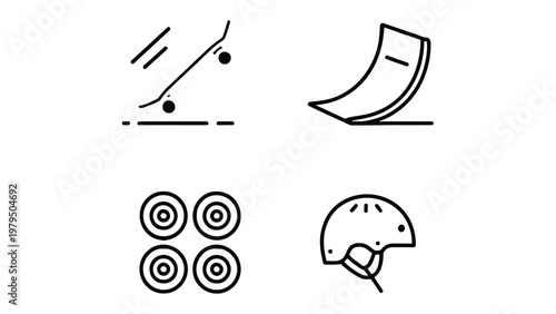 Skateboarding Essentials: Clean lines delineate the core elements of skateboarding culture. A minimalist illustration emphasizing the sport's iconic tools and gear. 