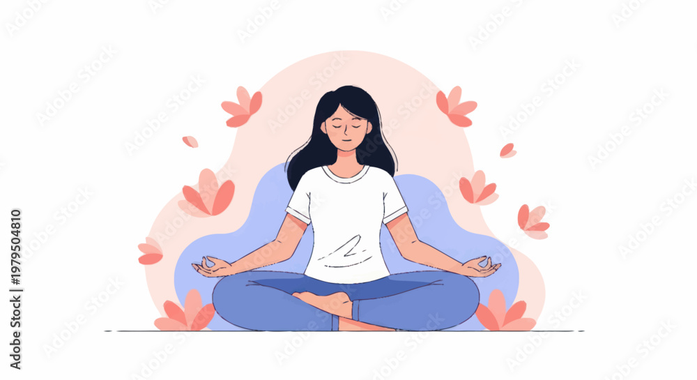 Obraz premium Woman meditating peacefully in lotus pose surrounded by flowers.