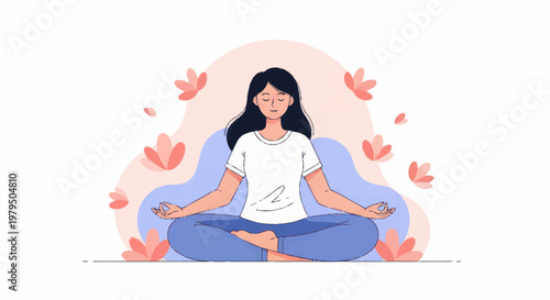 Woman meditating peacefully in lotus pose surrounded by flowers.